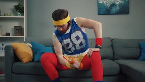 A Playful Retro Fitness Enthusiast Wearing Colorful Attire and Accessories in Action