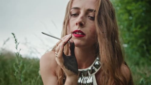Woman Smoking and Applying Mud in Field