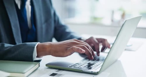 Business man, hands and typing on laptop with internet for schedule planning