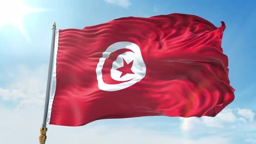 Realistic Tunisian Flag Waving Under Blue Sky