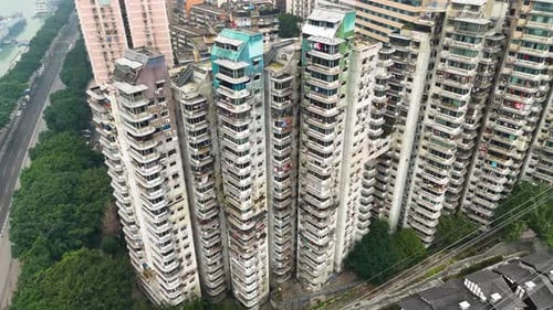 Aerial view of old apartment buildings in Chongqing, China.