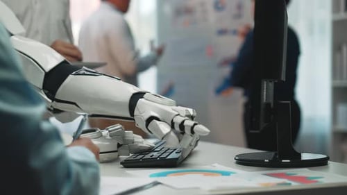 A futuristic workplace where business professionals leverage AI-powered analytics to refine strategi