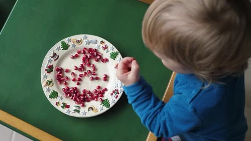 Toddler Enjoying Pomegranate Seeds on a Colorful Plate