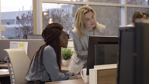 Two Women Talking In Office And Looking At Computer