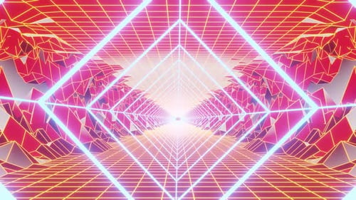 Digital Neon Figure Travel Through The Mountain Tunnel Vj Loop Background 4K