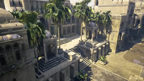Palatial Architecture with Palm Shadows and Weathered Relics Captured Vividly