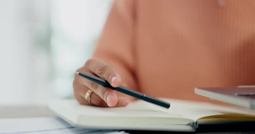 Hands, pen and closeup for paperwork, laptop and thinking with notes, budget