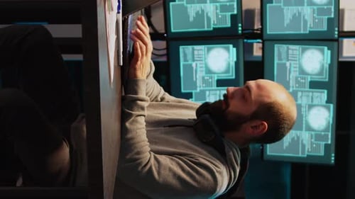 Vidéo verticale Un criminel agressif en colère tente de pirater un réseau la nuit