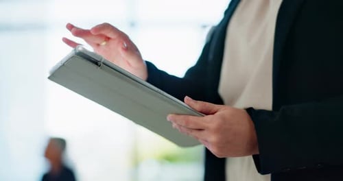 Business, person and tablet with hands in office, online communication and employee planning company