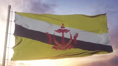 Brunei National Flag Waving Against a Sunset Sky