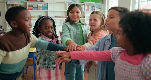Children, friends and stack hands for learning, support and education in elementary school
