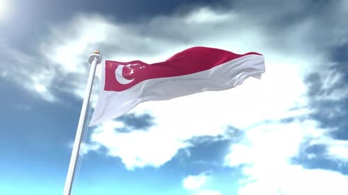 Realistic 3D Singapore Flag Waving Animation Against Cloudy Sky
