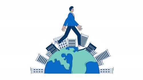 Animated Business Person Walking on Globe with Cities