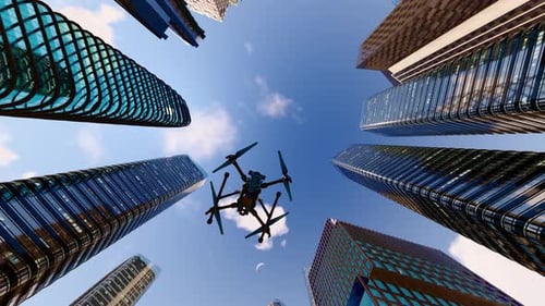 3D Animated Drone Flying Through Modern City Skyscrapers