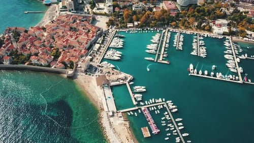 aerial sea view, flying over Budva in Montenegro. The mountains, coast, sea, beaches, rear, views, p