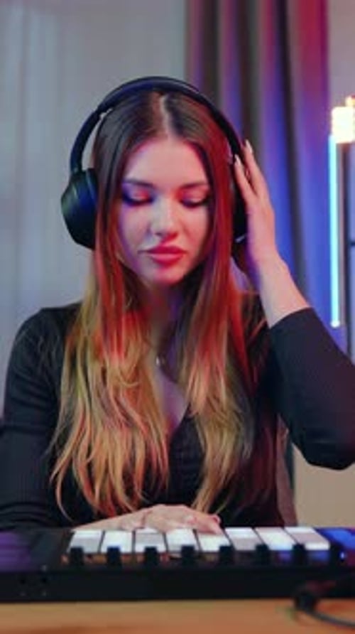 Woman Playing Electronic Keyboard with Headphones in Room