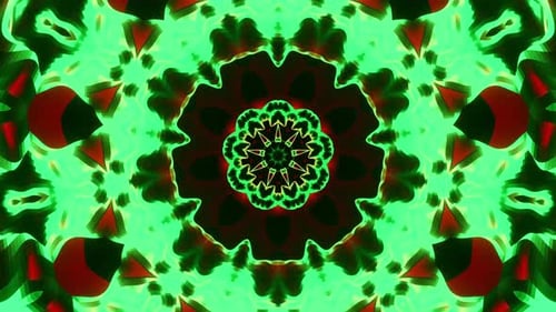 Green and red flower with black background and red center. Kaleidoscope VJ loop