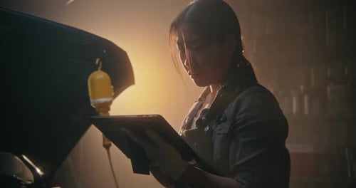 Female Automotive Expert at Work in Sun Drenched Workshop