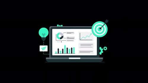 Animated Business Graph on Laptop and Goal Arrow. Marketing Dashboard Concept Video - Transparent