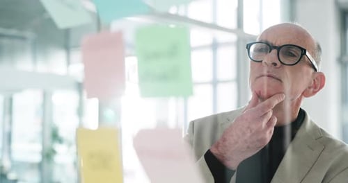 Mature, businessman and thinking with schedule planning for tasks, agenda or reminder in office