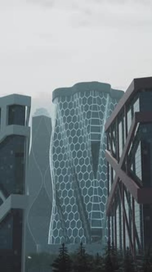 Group of Tall Buildings in Futuristic City