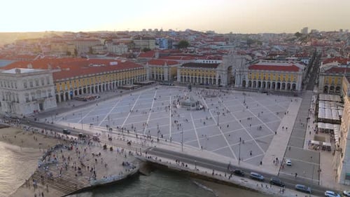 Cinematic Aerial View of Praa Do Comrcio in Lisbon Portugal