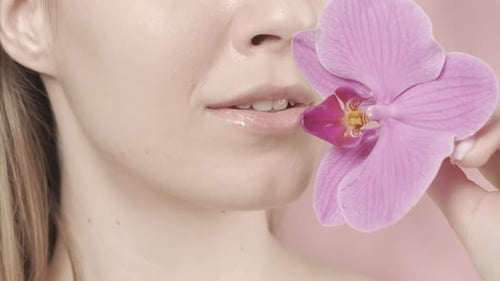 Female Lips with Delicate Pink Lipstick and Orchid Flower Closeup on a Pink Blurred Background