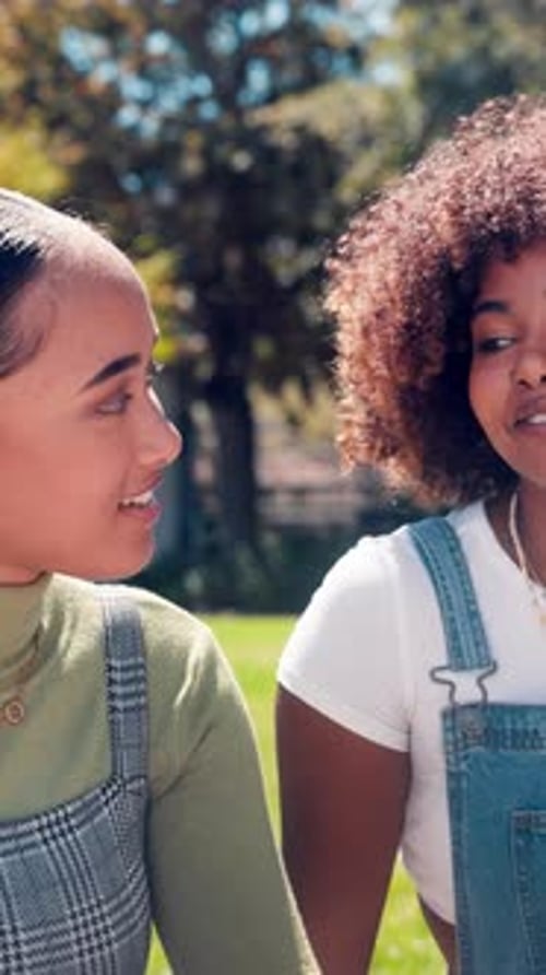 Relax, talking and women in park, friends and bonding together with humor, calm and funny