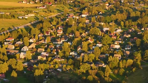 Countryside Settlements Of Incukalns Village At Sunset In Sigulda, Latvia. Aerial Drone Shot