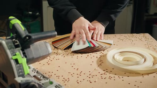Portrait of Carpenter Man Choosing Color Palette Wood Worker on Furniture Factory Builder Wearing