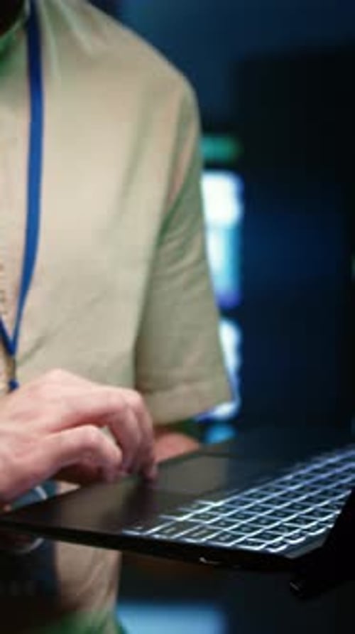 Vertical Video Technician Performs Server Diagnostic Testing