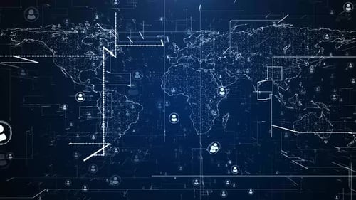 Weltkarte mit Benutzersymbol, digitalem Code und Datenverarbeitung, digitale Technologie, Geschäftsanimation