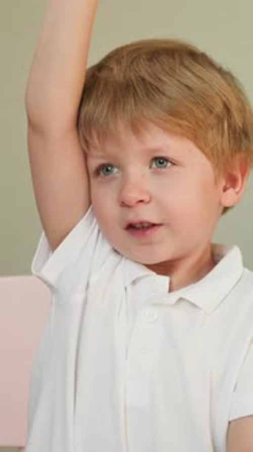 Little Boy Raising Hand and Thinking Indoors