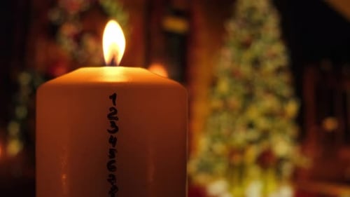 Festive Candlelight with Blurred Christmas Tree Background