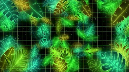 Neon Glowing Tropical Leaves Grid Background Loop