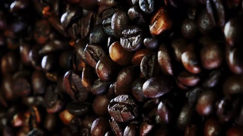 Arabica roasted coffee beans rotating on table, close up
