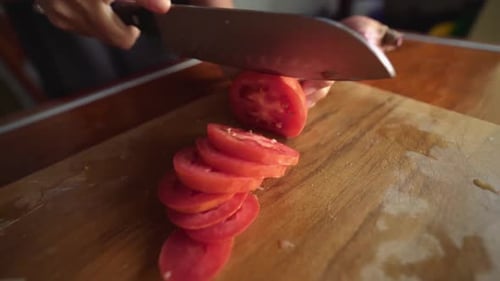Tomato Slicing Preparation With Sharp Knife
