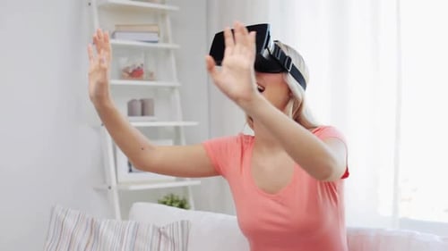 Woman Experiencing Virtual Reality in Bright Home Setting