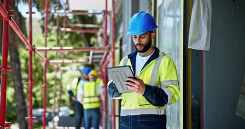 Engineer, typing and tablet with blueprint, digital plans and instructions with directions