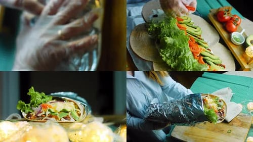 Vier Videos mit der Zubereitung von Very Large Burrito mit Avocado und Chorizo-Fleisch