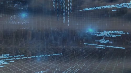 Animation of data processing over cityscape on blue background