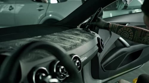 Person detailing a luxury car interior with brush