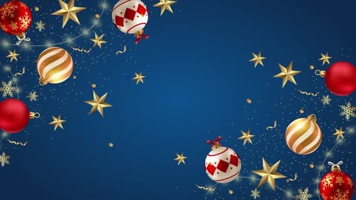 Twinkling Christmas Ornaments and Stars on Blue Festive Background
