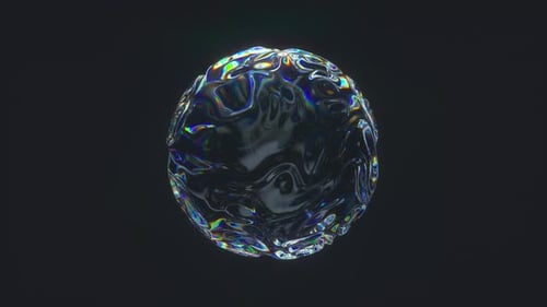 Transparent iridescent sphere with smooth surface ripples and dynamic light reflections.