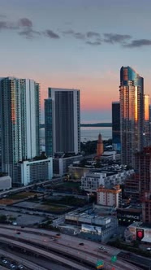 Slowly rising above the highways in the downtown of Miami, Florida, USA.