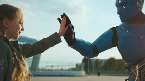 At Sunlight Hands Girl Take Five to Robot Friend Future Machine Intelligence Artificial Humanoid