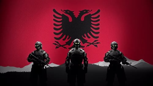 Drapeau de l'Albanie et soldats des forces spéciales