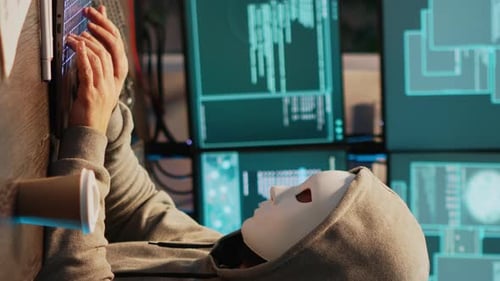 Cyberterroriste vidéo vertical avec serveurs de base de données de piratage de masques