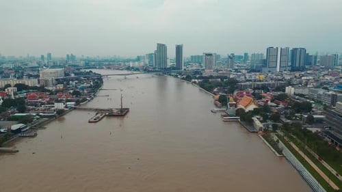 Aerial View of Bangkok Skyline and Chao Phraya River