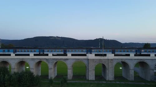 Passage of a train on a railway bridge front view of the bridge.